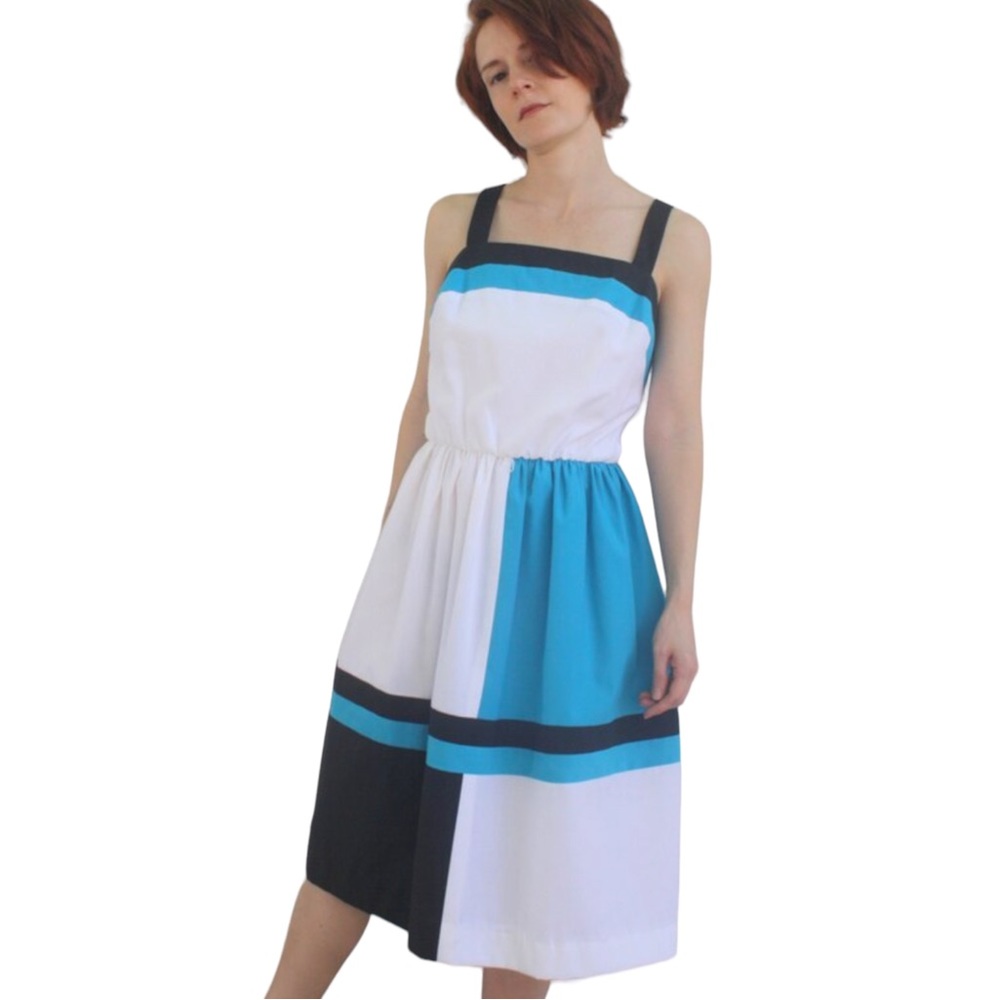 Vintage 80s Dress White Blue Black Colorblock Print Jenni Petites Sleeveless 13